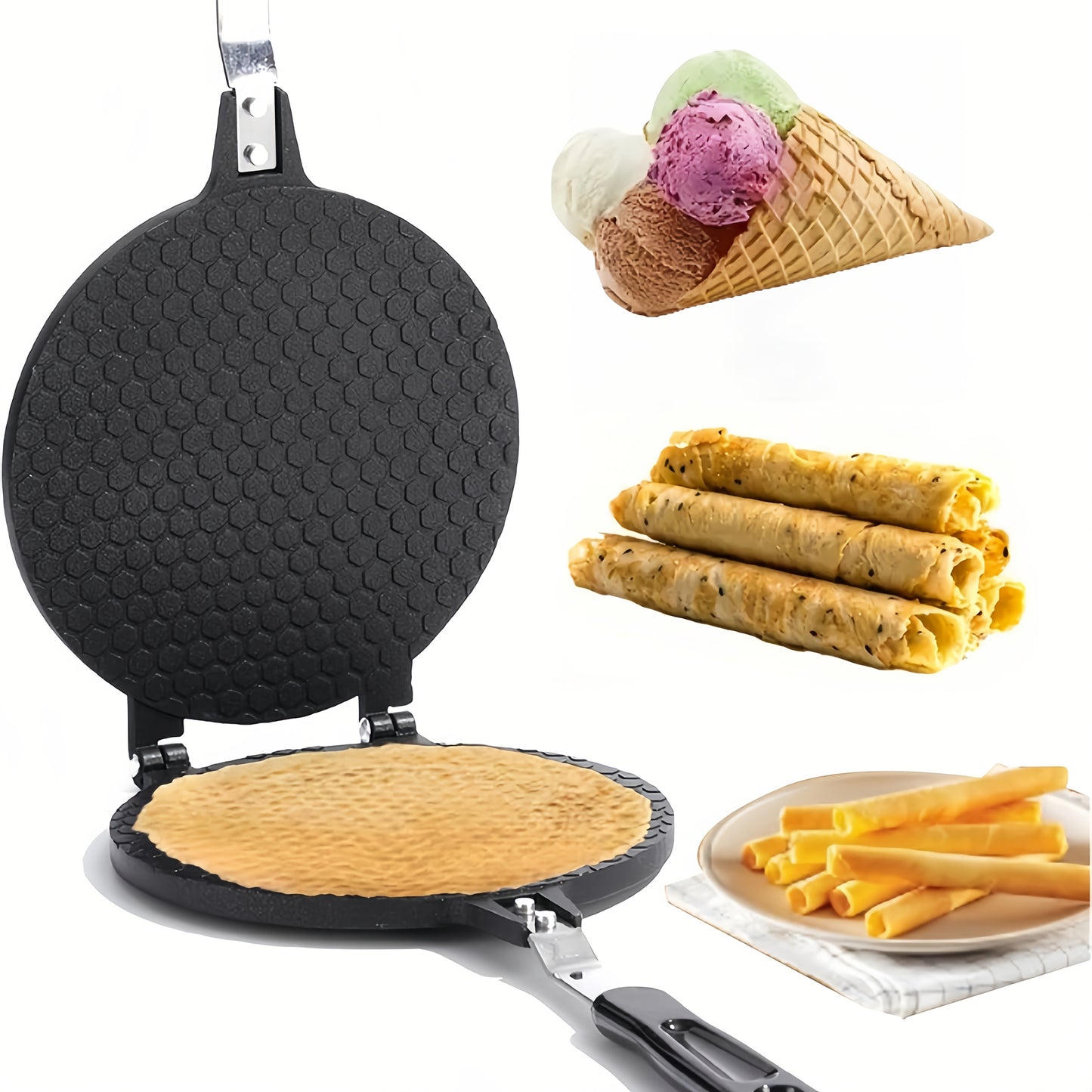 Deluxe Waffle Cone Maker for ice cream cones and waffles - Easy release, durable bakeware with heat-resistant handle for home baking.