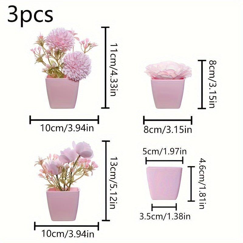 3-5 mini artificial potted pink flowers in plastic square pots, perfect for indoor décor on desks or bookshelves.