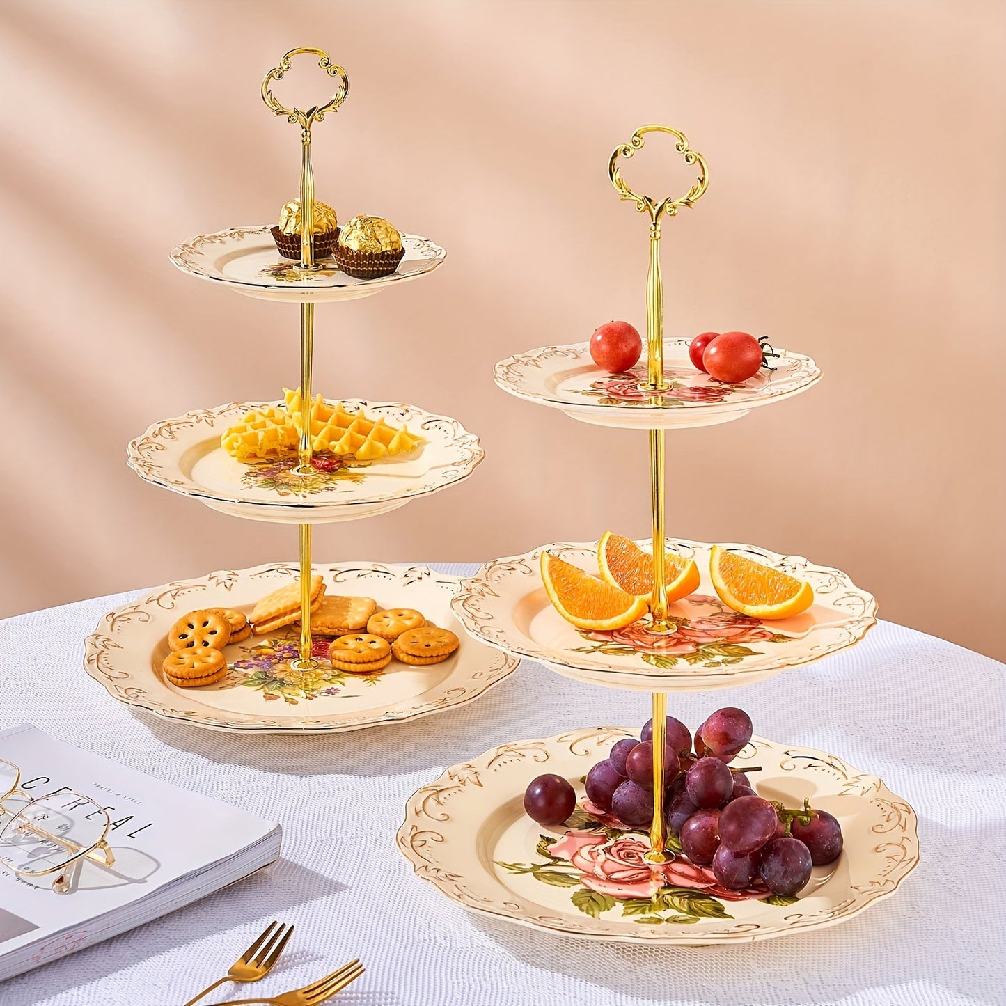 European-style 3-tier ceramic dessert stand featuring an embossed flower design and a sturdy metal bracket. Safe for food contact and does not require electricity. Perfect for weddings, holidays, birthdays, and tea parties.