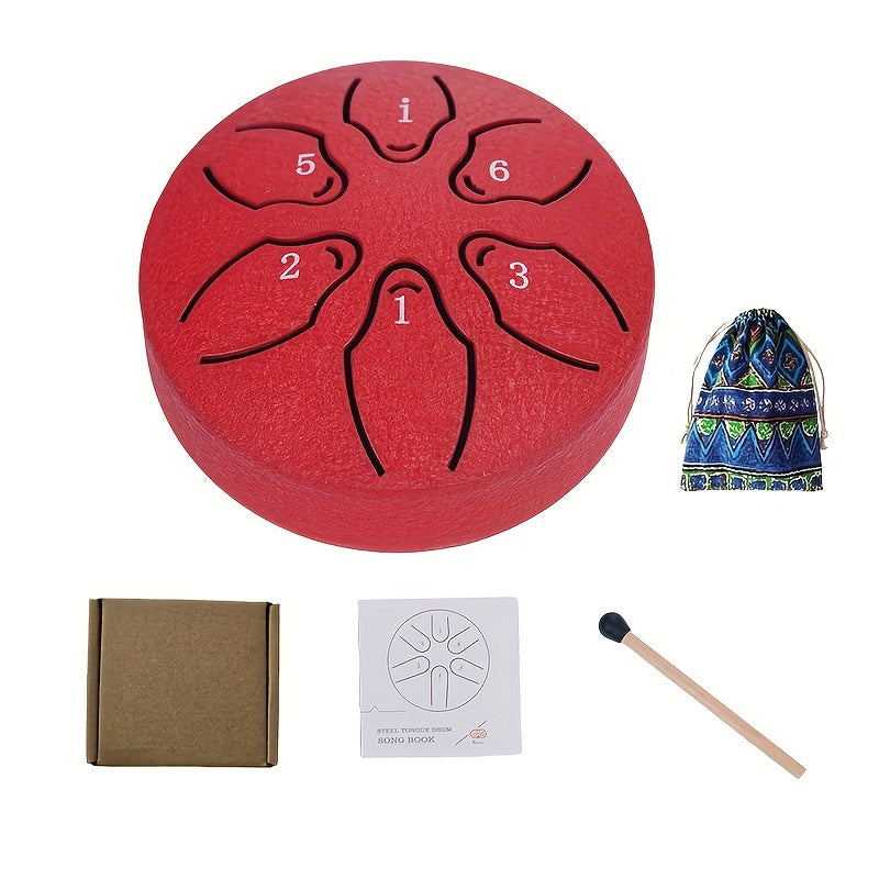 Mini steel tongue drum set with 6 notes, mallets, music book, case, and accessories.