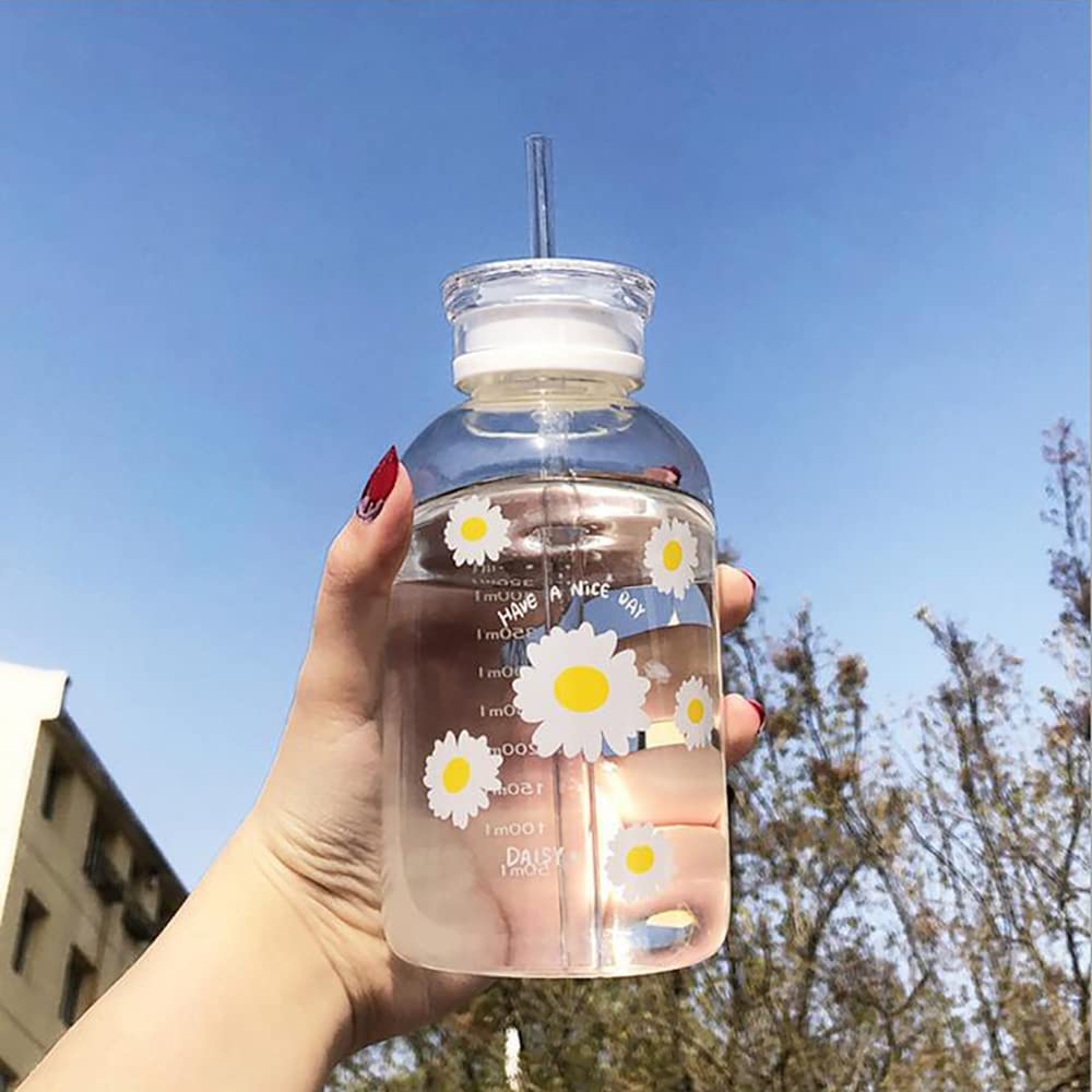 1 Matte glass water bottle with straw and scale, featuring a cute daisy sunflower design. Portable, convenient, perfect for back to school supplies.