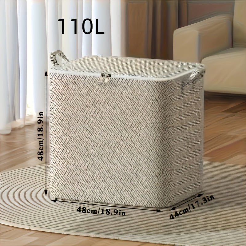 Large storage bag with zipper, handles, and non-woven material perfect for clothes, quilts, blankets in bedroom, motorhome, or car trunk. Stylish and durable.