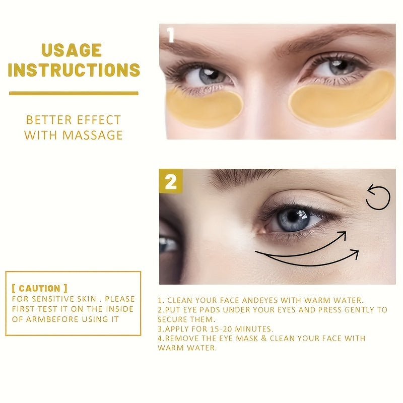 Golden Eye Mask Patches: 60pcs for Firming Skin with Collagen & Hyaluronic Acid, Moisturizing and Alcohol-Free, Suitable for All Skin Types.