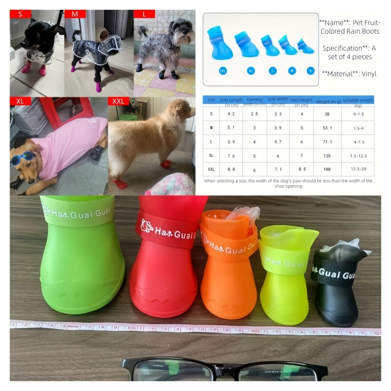 Waterproof Non-Slip Dog Rain Boots for Small to Medium Breeds with Soft Sole PVC Material and Adjustable Closure.