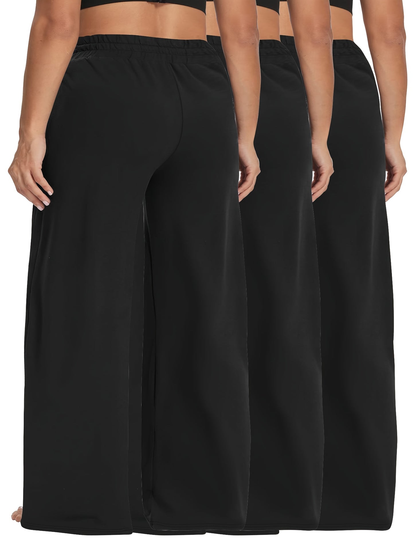 3-Pack of plus size high waist wide leg pants with drawstring and pockets. Made with high stretch knit fabric (88% polyester, 12% elastane) in a solid color, long length suitable for all