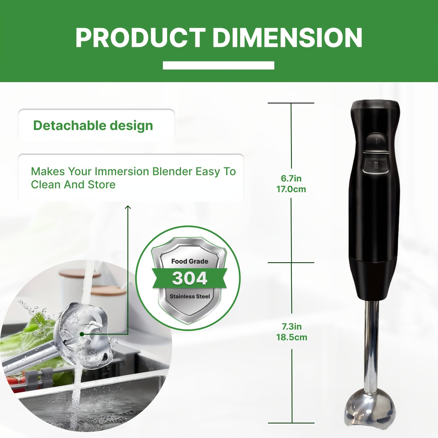 Electric immersion hand blender with food-grade stainless steel, 2-speed control. Includes mixer, chopper, and ice crushing capabilities. Easy to clean with removable blending stick. Ideal