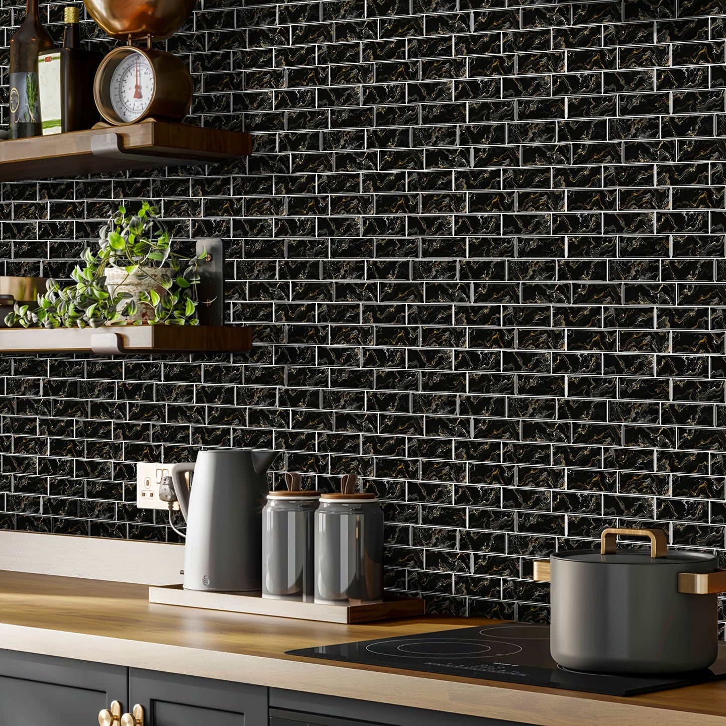 Each set includes 12 pieces of peel and stick black and golden quicksand brick pattern mosaic marble tile stickers. These 30.48 cm x 30.48 cm 3D self-adhesive wall tile stickers are waterproof and moisture-proof PVC stickers perfect for decorating