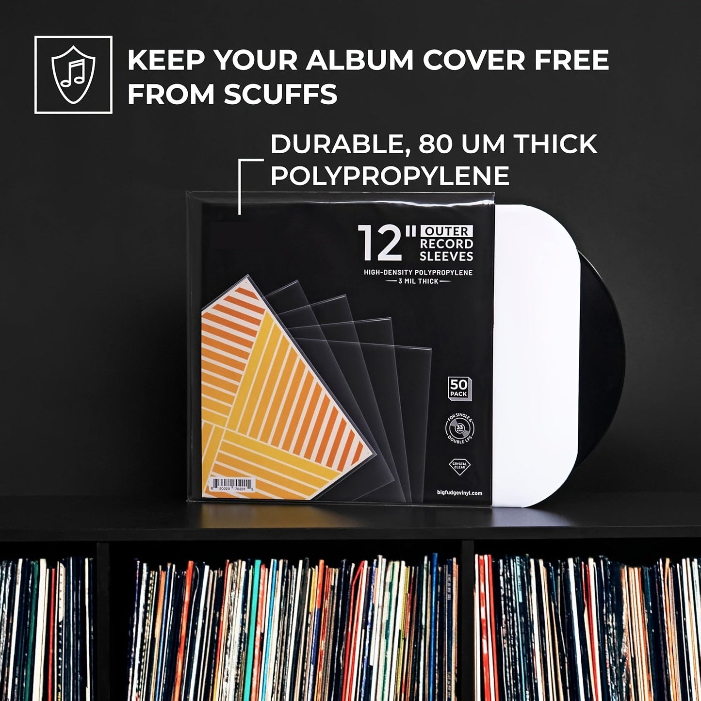 We have vinyl record jackets available in packs of 100, 50 or 25. These 12-inch LP jackets are durable, wrinkle-free, and crystal clear. They are made of high-density polypropylene and are 3mm thick. Each jacket measures 12.75 inches by 12.75 inches