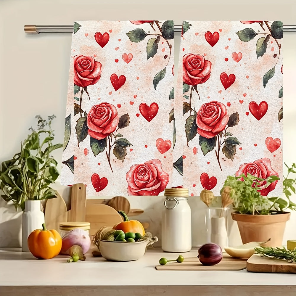 This set includes 2 ultra-soft kitchen towels with a delicate design of roses and hearts, perfect for Valentine's Day. These highly absorbent dish towels are ideal for holiday decoration, machine washable, and measure 40.64x60.96 cm.