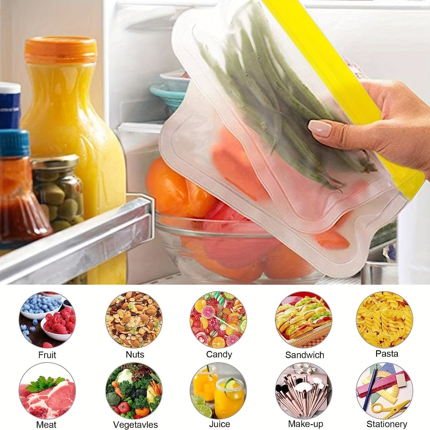 12 pieces of BPA-free reusable gallon-sized food storage bags with a super thick leak-proof design made of silicone and plastic. Perfect for storing meat, grains, sandwiches, snacks, travel essentials, and organizing your family's home kitchen supplies.