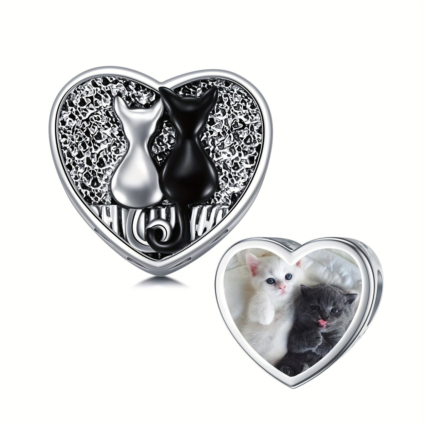 Heart-shaped cat charm with photo bead, gold-plated and made of 925 sterling silver. This cute accessory is perfect for daily wear or gifting to women. Suitable for all seasons, this jewelry piece is a unique and stylish choice.