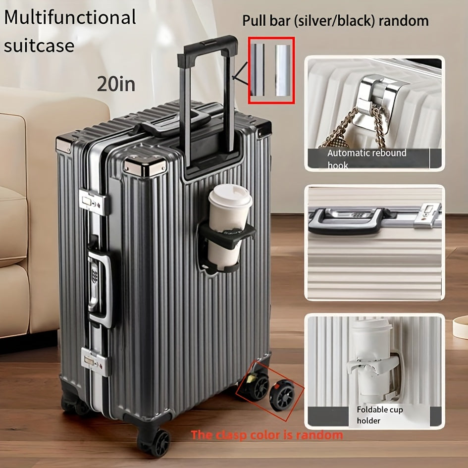 Spinner wheel carry-on luggage with aluminum frame, cup holder, and phone holder - 50.8cm.