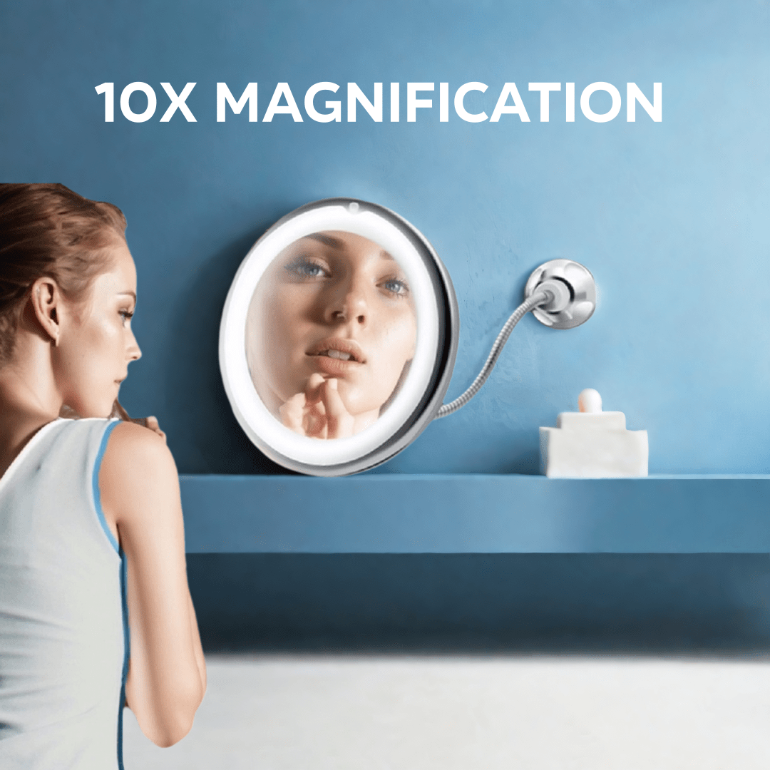 LED Makeup Mirror rotates 360 degrees, mounts with suction cup for bathroom & desktop use, battery operated with adjustable brightness.