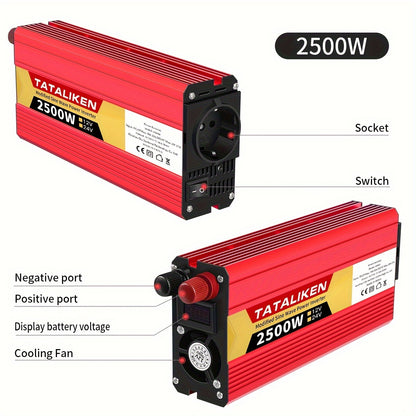 High-power 12V to 220V car inverter with 2500W-600W capacity, ideal for charging phones and tablets.