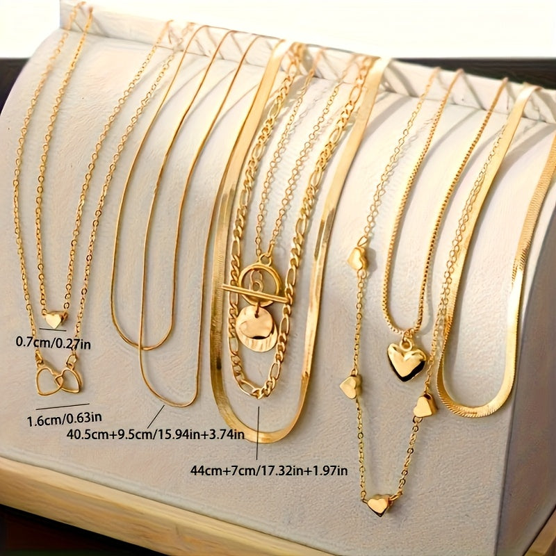 10 Punk-inspired multi-layer flat snake chain necklaces with heart pendants - elegant and simple women's stacking set for casual attire, parties, and hip hop street style.