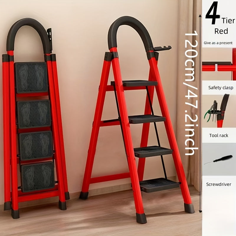 Folding step stool with 2-6 tiers, non-slip pedals, lightweight and waterproof. Ideal for kitchens, homes, libraries and offices. Made of durable steel in red with utility hooks.