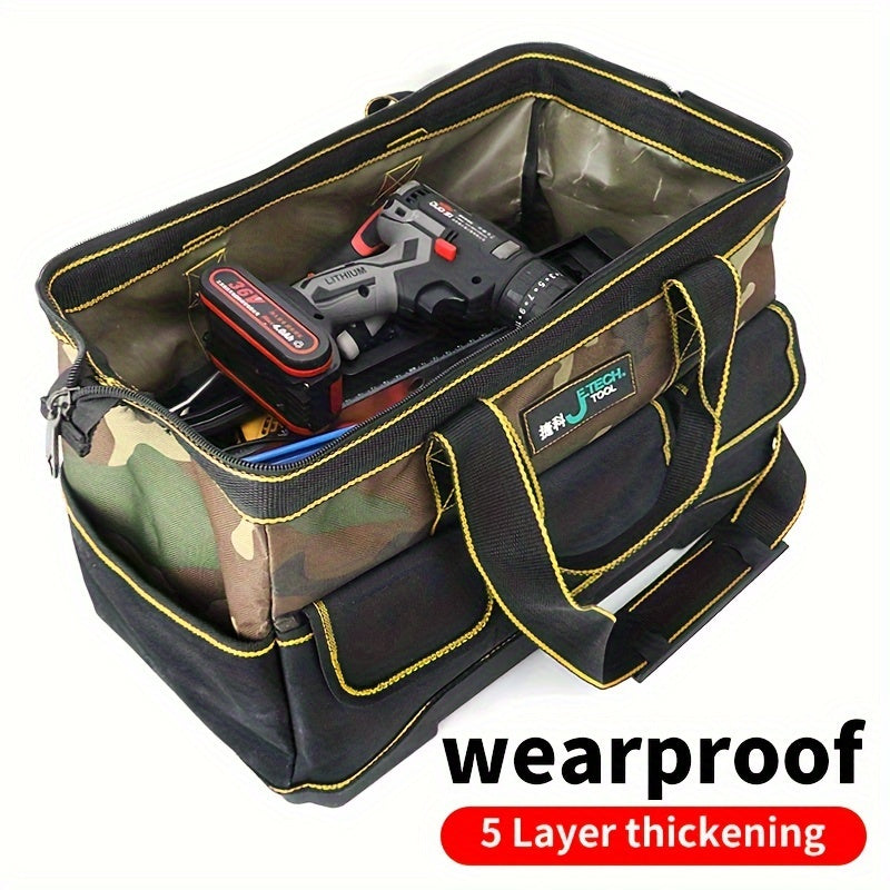 Electrician-specific camouflage bag with thickened materials, sturdy and durable, multi-functional with large capacity pockets and ABS wear-resistant design.