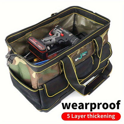 Electrician-specific camouflage bag with thickened materials, sturdy and durable, multi-functional with large capacity pockets and ABS wear-resistant design.