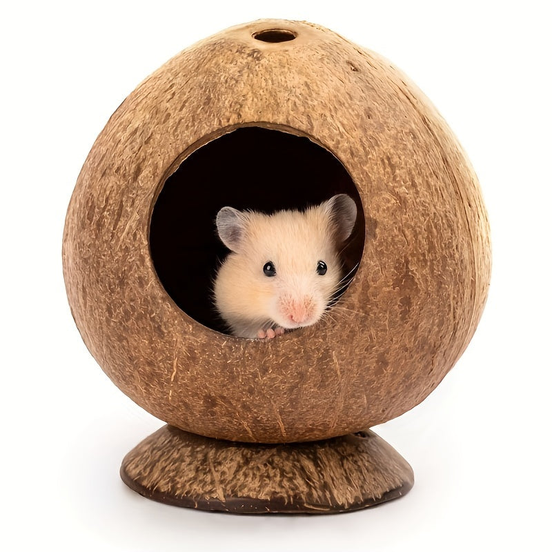 1pc Rat Coconut Nest for small pets to keep warm in winter, made from coconut shell with base for Squirrel, Hedgehog, Hamster, Sugar Glider, Parrot, and other birds.