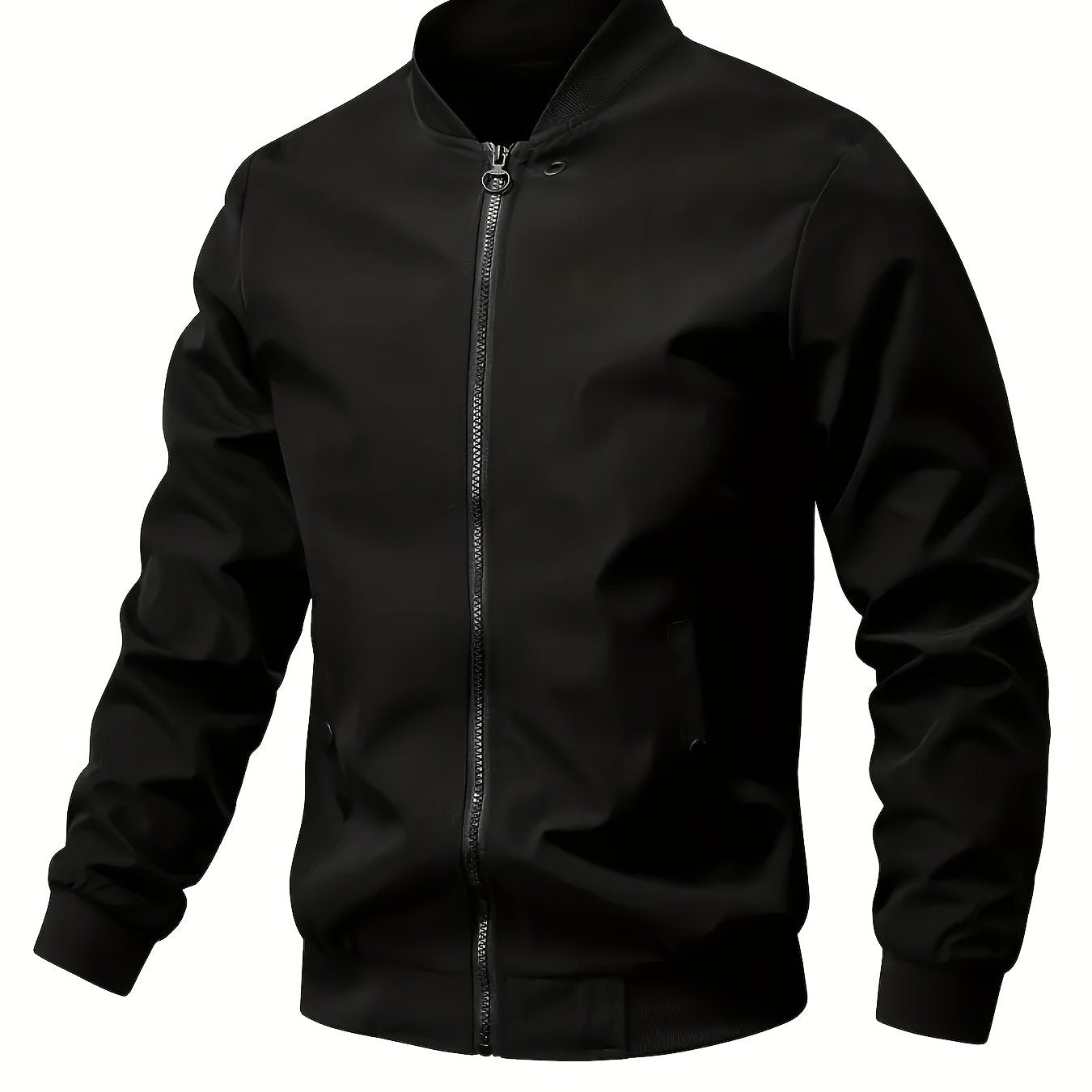 Men's bomber jacket with stand collar, solid color, non-stretch woven acetate, polyester lined, zip-up, lightweight outerwear for spring/fall.