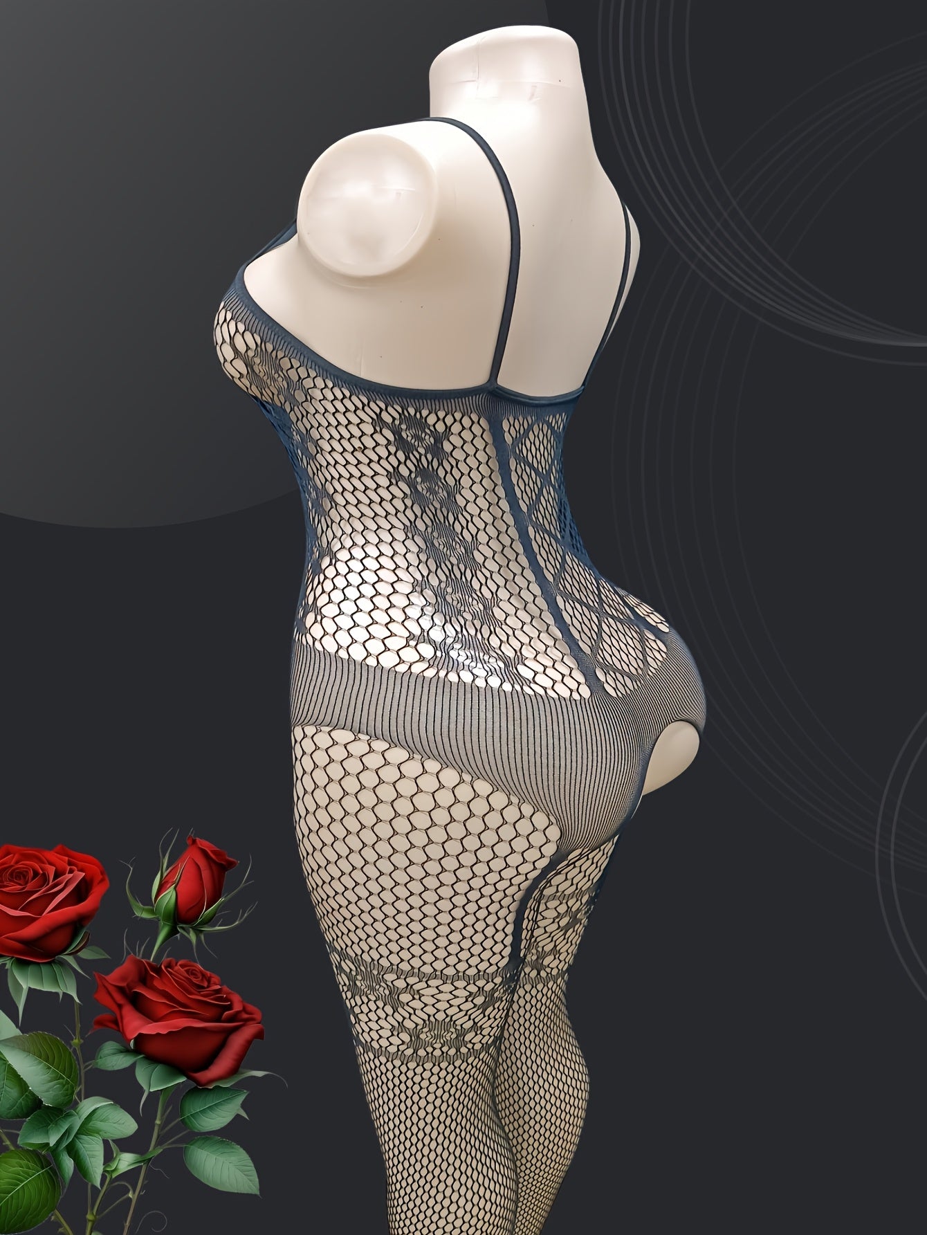 Seductively sheer mesh bodysuit with garter socks and intricate jacquard design.