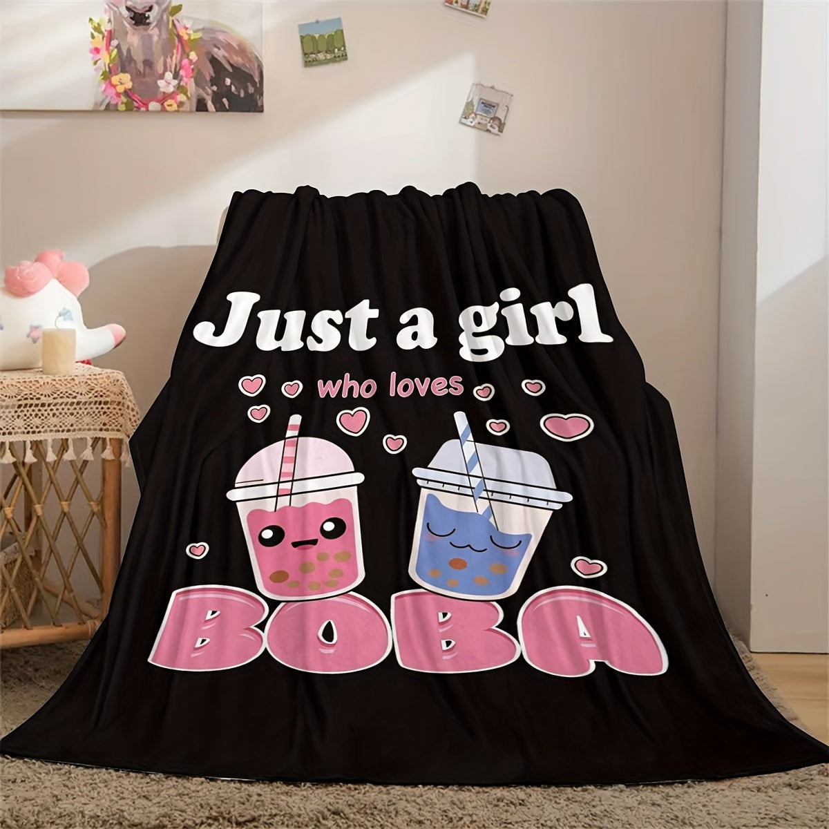 One piece of anime blankets featuring plush boba milk tea fleece, perfect for girls who adore boba. This blanket is filled with comfort, made of super soft and lightweight flannel, suitable for beds and chairs. A cute gift idea!