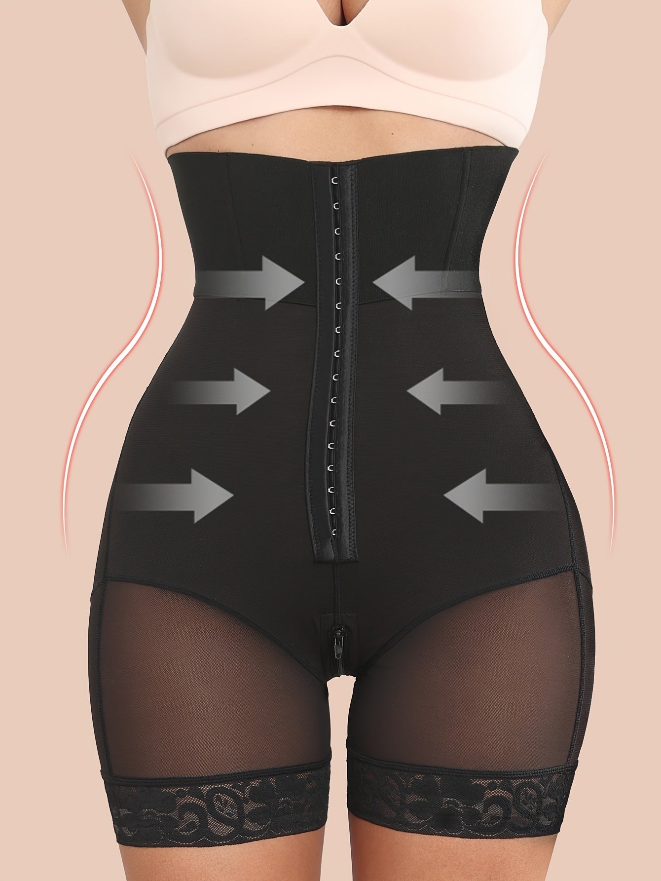 High-waisted shapewear briefs for women with hip and abdomen control, post-surgery compression, butt lifting, thigh slimming, adjustable hooks, and breathable mesh with lace detailing.