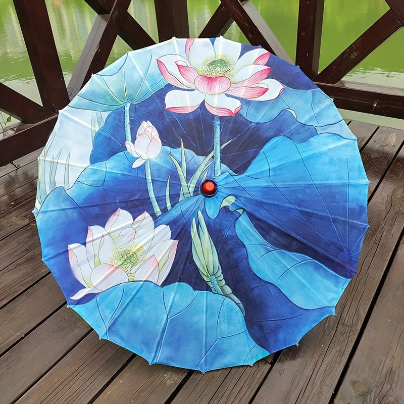 Chinese Flowers Parasol Umbrella with Cherry Blossom Sakura Floral Bamboo Handle for Sun and Rain Protection, Ideal for Weddings and Parties.