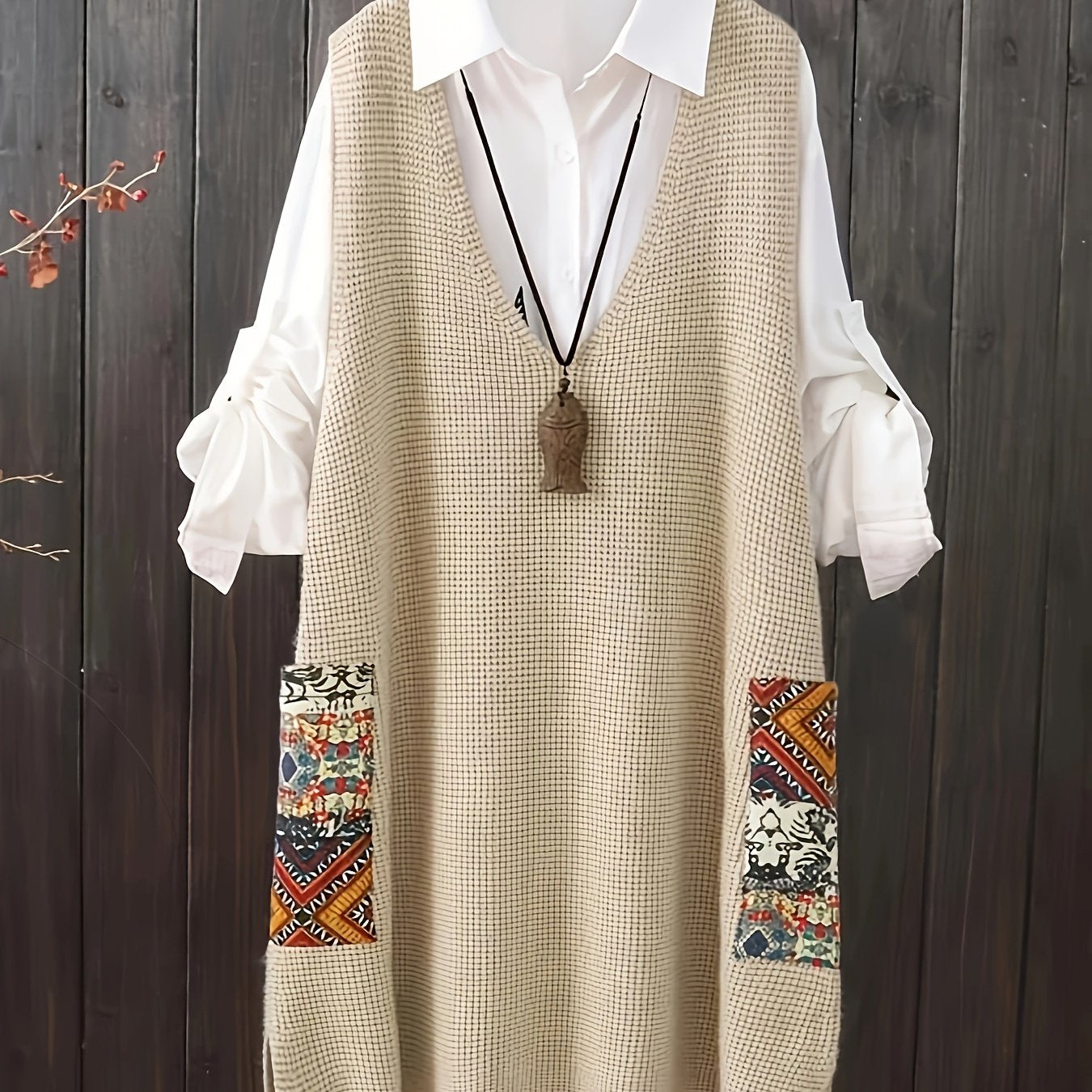 Plus size casual V-neck printed sweater vest dress with pockets.