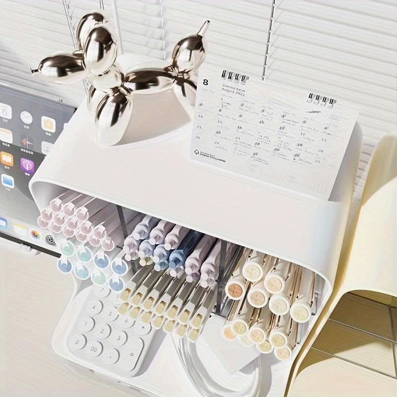 Large capacity plastic desk organizer with drawer for stationery and accessories. Can support pens, notes, and more.