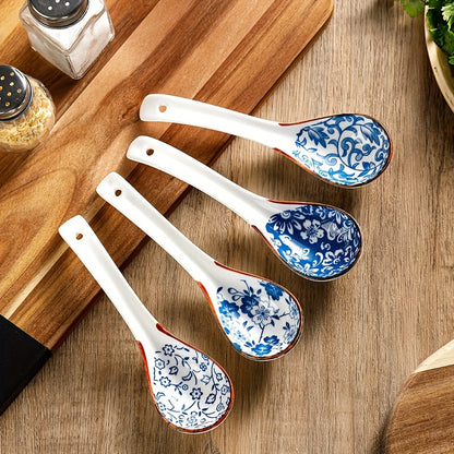 4 ceramic soup spoons for eating ramen, soup, and stirring in Japanese household creative design.