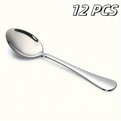 Set of 6 stainless steel spoons: tea, dessert, coffee, and stirring. Dishwasher safe for restaurant use.