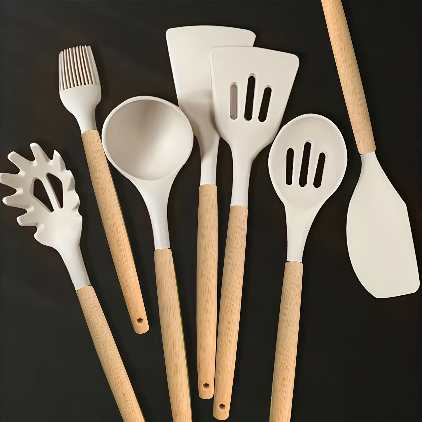 Set of 7 Silicone Cooking Utensils with Wooden Handles, Non-Stick and Heat Resistant, Perfect for Chefs, Complete with Whisk, Spoon, Spatula, and More