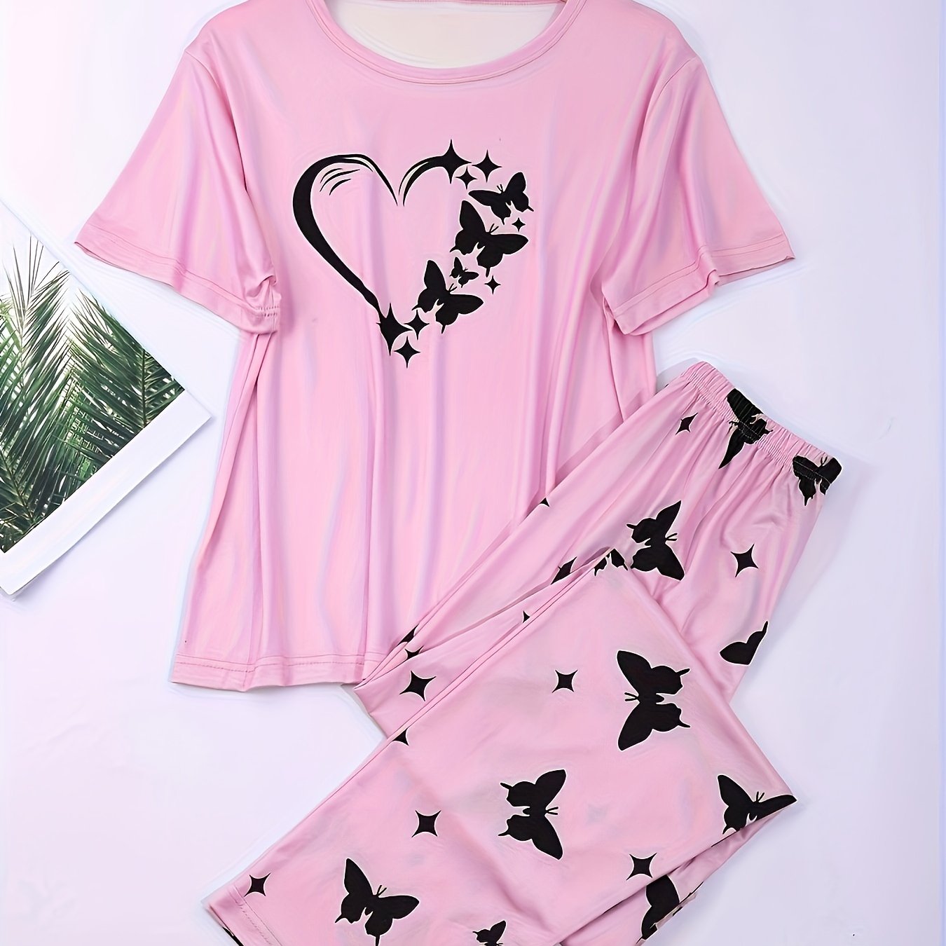 2pcs set: Polyester/Elastane knit pajamas for women. Crew neck top with heart & butterfly pattern, ideal for spring/summer/fall sleepwear.