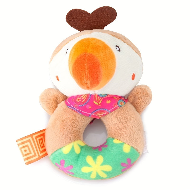 Round hand rattle baby toy with adorable cartoon animal design, a plush and cute option for your little one.