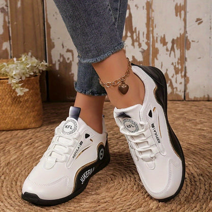 JUKEFULA Women's Colorblock Sneakers - White & Gray, Anti-Slip, Soft PVC Sole, Round Toe, Lace-Up Closure, All Seasons