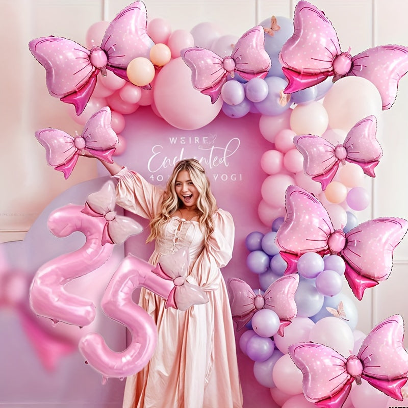 81.28 cm Pink Number Balloon with Bow - Ideal for girls' birthday decor - No electricity needed - Made of aluminum