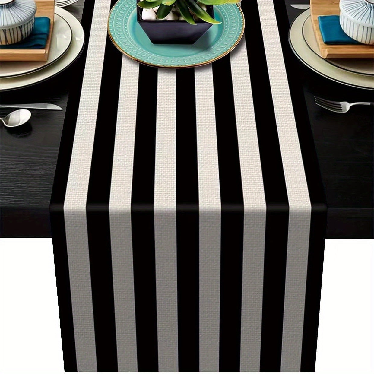 Geometric Stripe Linen Table Runner in Classic Black and White, Perfect for Home Decor and Dining_RDWR.