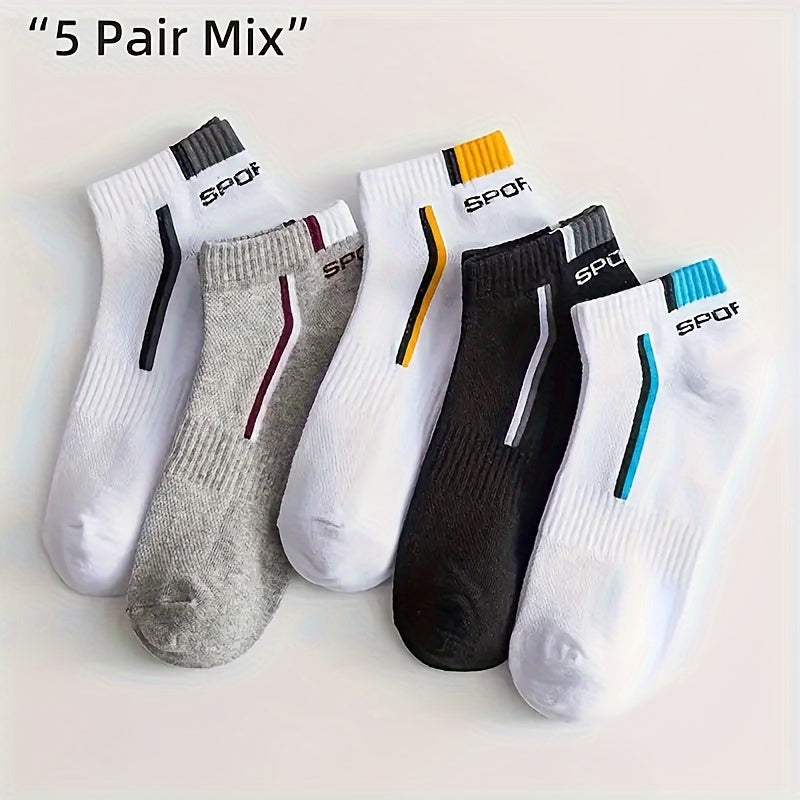 5pc Athletic Ankle Socks - Breathable polyester with sporty letter pattern, ideal for men and women. Hand wash only.