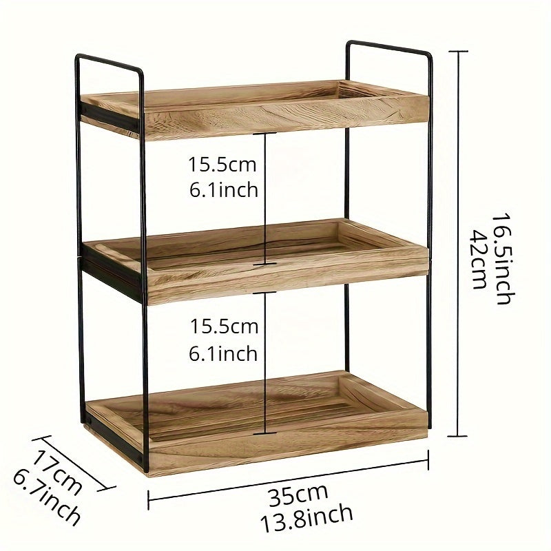 1pc 2/3-Tier Solid Wood and Metal Display Rack - Versatile Organizer for Various Spaces - Elegant Countertop Shelf with Multi-Use Tiers for Decor and Function, Bathroom and Kitchen Storage.