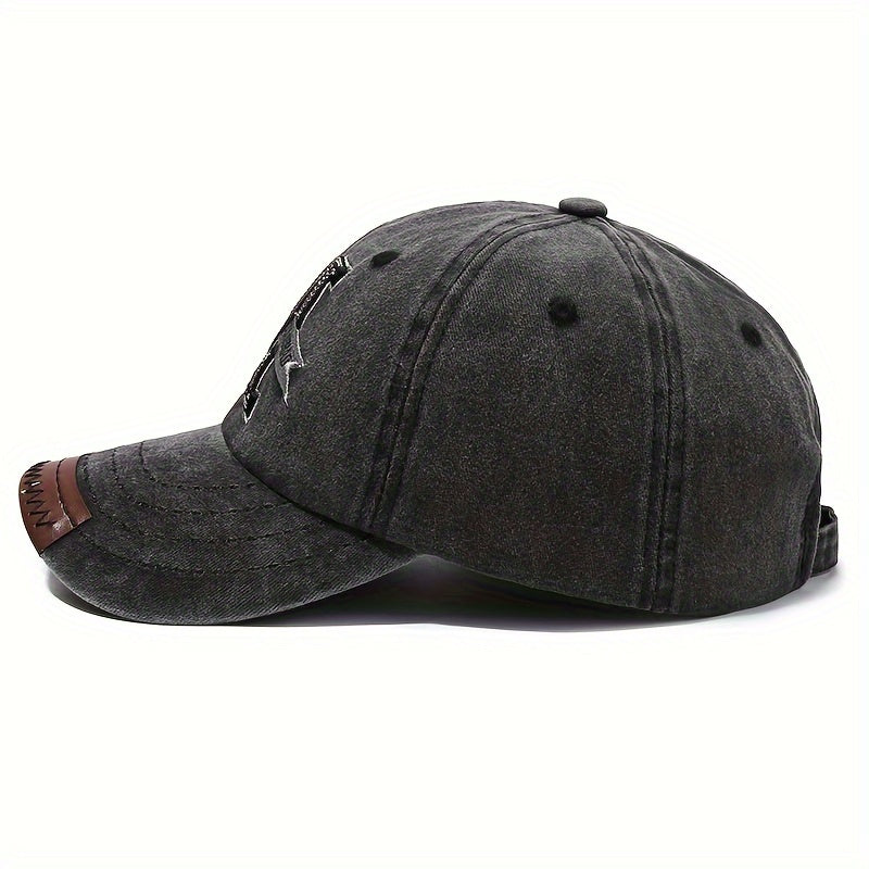 Spring and autumn retro washed denim duckbill cap with old letter M embroidery for men and women.