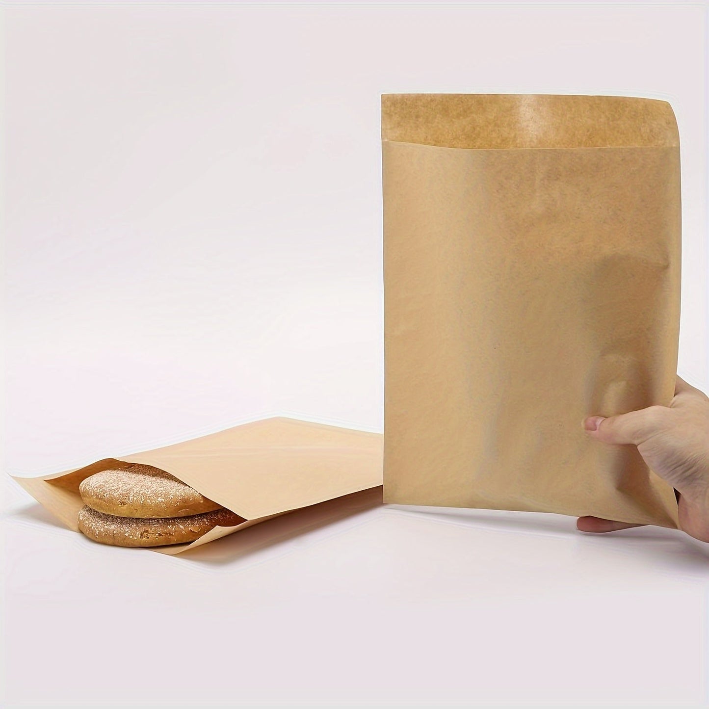 Kraft Paper Bags in EcoWrap Pack of 50/100, Available in 3x5/4x6/6x9/10x13 Inch, Oil-Proof and Food Grade, Square Shape, Dishwasher Safe, Plain Design for Biscuits, Sandwiches, Snacks, Popcorn, and Small Gifts.