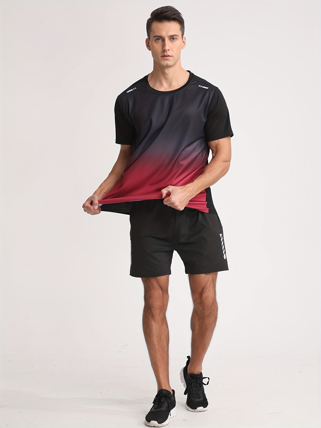 Men's Gradient Color Short Sleeve T-Shirt in Black to Blue Gradient, made of lightweight polyester material. Features a round neck, machine washable, and a loose fit for casual attire.