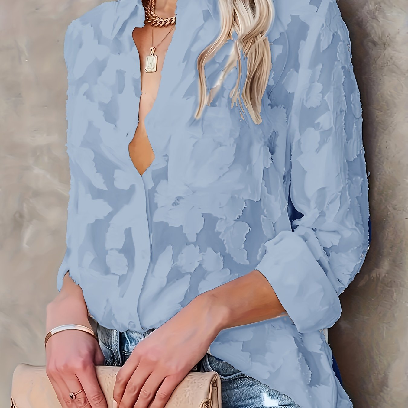 Jacquard sheer loose blouse with long sleeves, perfect for spring and fall.