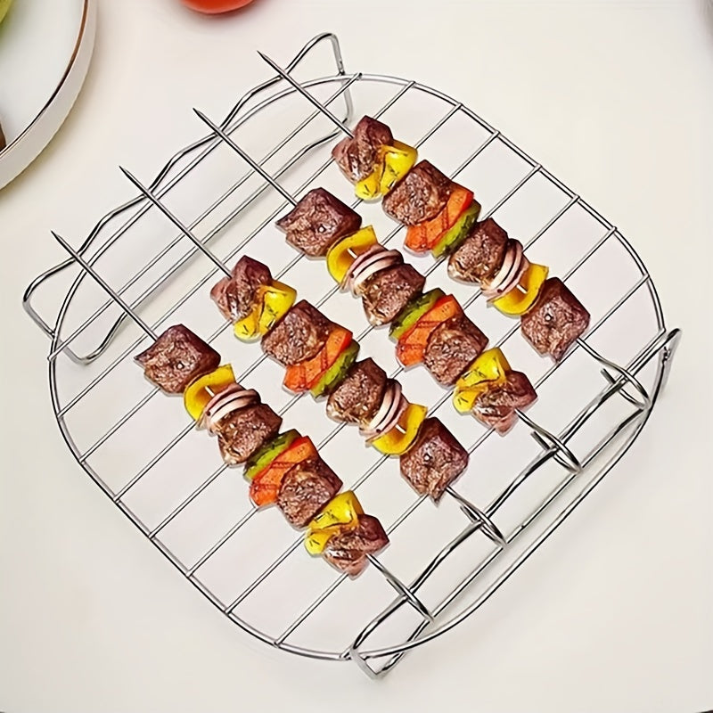 Air Fryer Rack Set: Includes 1 piece of Nonstick Stainless Steel Dehydrator Rack with 4 Skewers, measuring 19.0cm X 19.0cm X 6.99cm. This Square Air Fryer Baking Rack is a must-have for your kitchen, serving as both a baking tool and a kitchen gadget.