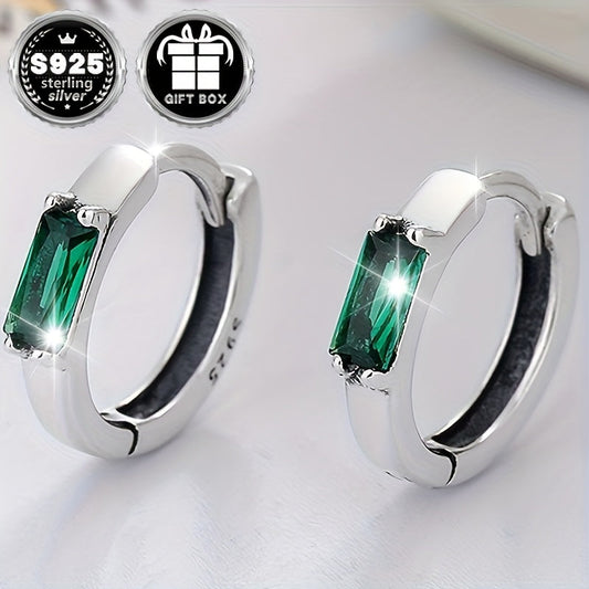 Stylish and versatile unisex earrings made of 2 pieces of sterling silver with low sensitivity. Featuring simple inlaid small square green zirconia for an elegant touch. Approximately weighing 1.9g.