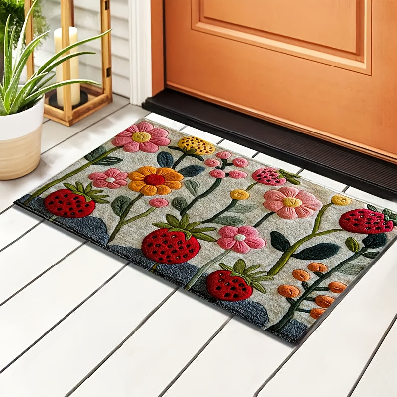 3D Floral Pattern Strawberry Anti-Slip Bath Mat - Made of Ultra Soft Faux Velvet, Absorbent & Stain Resistant Material, Ideal for Bedroom, Bathroom, Kitchen, and Entryway - Easy to Clean in Washing Machine, Adds Fluffy Plush Winter Accent to Home Decor.