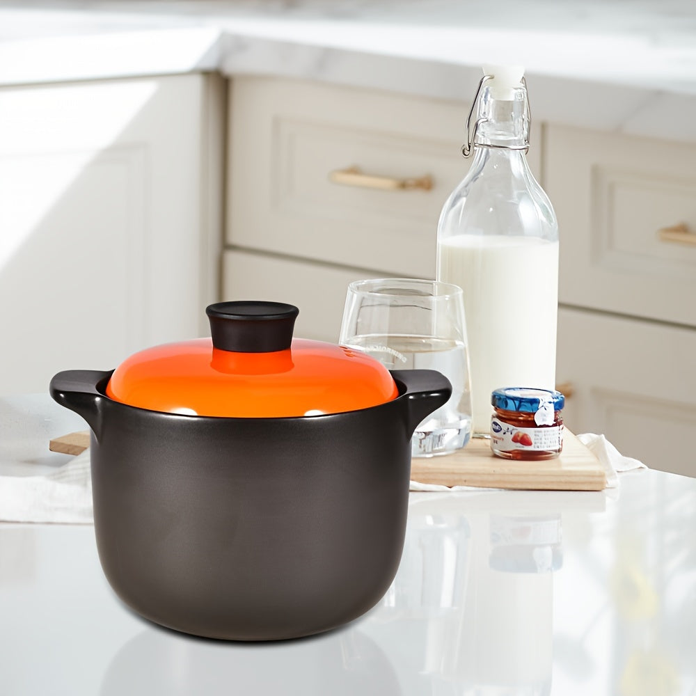 Orange lid ceramic casserole dish, 3.5L capacity - ideal for cooking stews and meals on the stovetop. Resistant to heat.