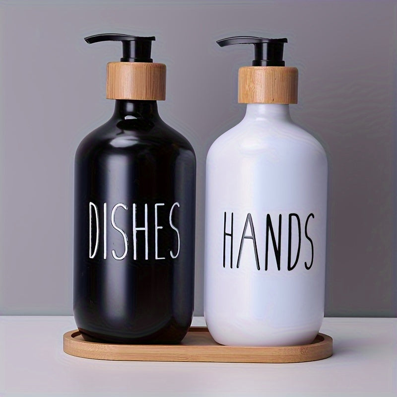 Set of 2 plastic soap dispensers for hand and dish soap, perfect for bathroom countertop storage.