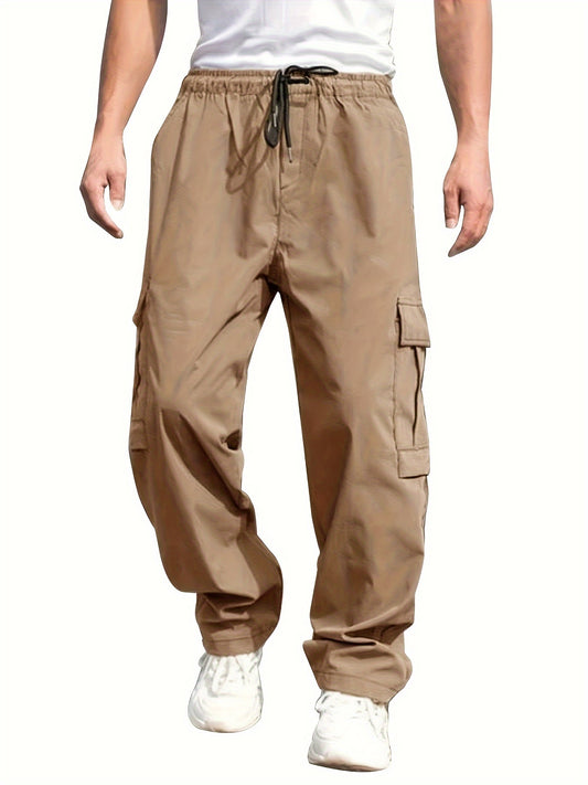 Men's olive green cargo pants with side pockets, adjustable waist, and lightweight twill fabric - perfect for casual street style jogging in all seasons.